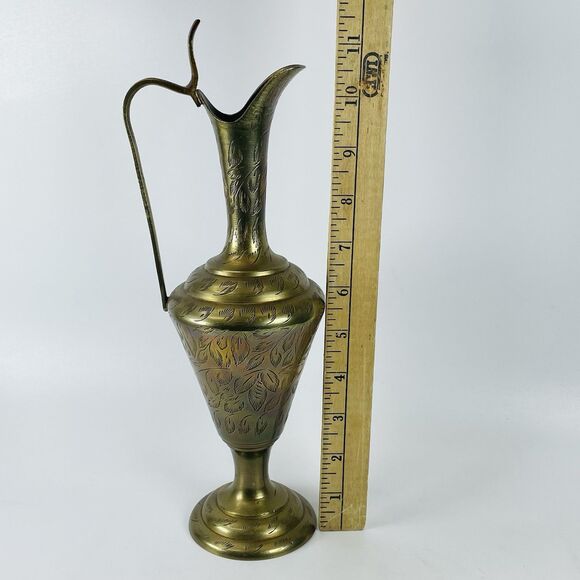 Vintage Etched Brass Ewer Urn Vase Pitcher Jug Cobra Handle Ornate 12in - Picture 6 of 8